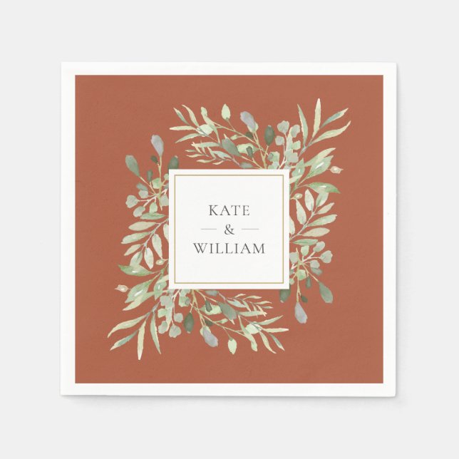 Terrakotta Grönska Akvarell Lövverk Guld Pappersservett (Framsidan)