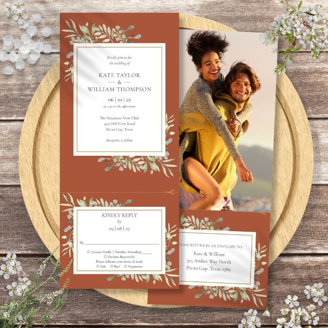 Terrakotta Grönska Allt I Ett Foto Bröllop Inbjudningar (Terracotta Greenery All In One Photo Wedding Invitation)