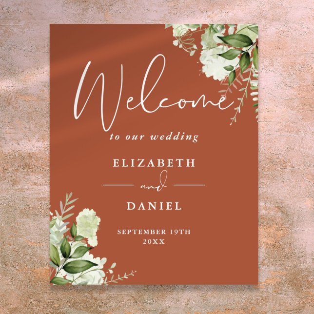 Terrakotta grönska blommande vigsel välkomstskylt poster (Terracotta Greenery Floral Wedding Welcome Sign)