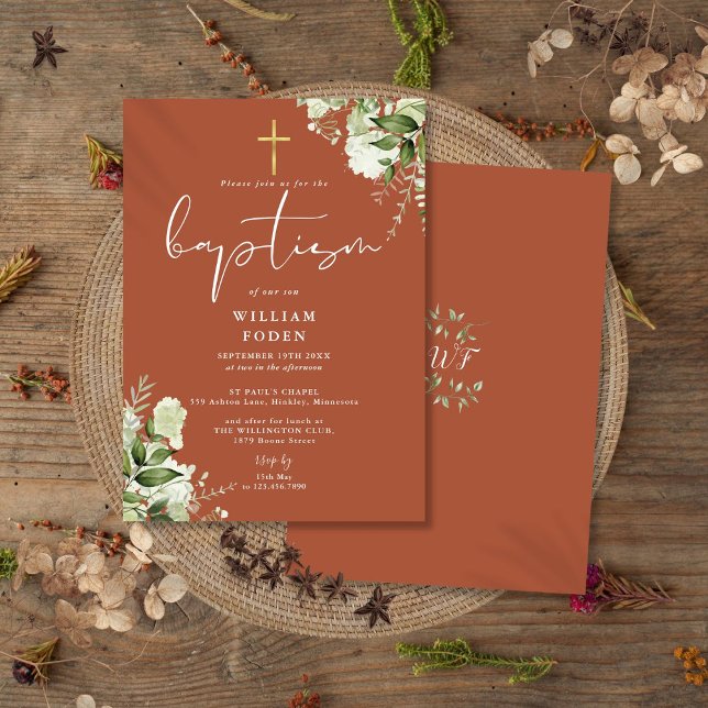 Terrakotta grönska blomster monogram dop inbjudningar (Terracotta Greenery Floral Monogram Baptism Invitation)