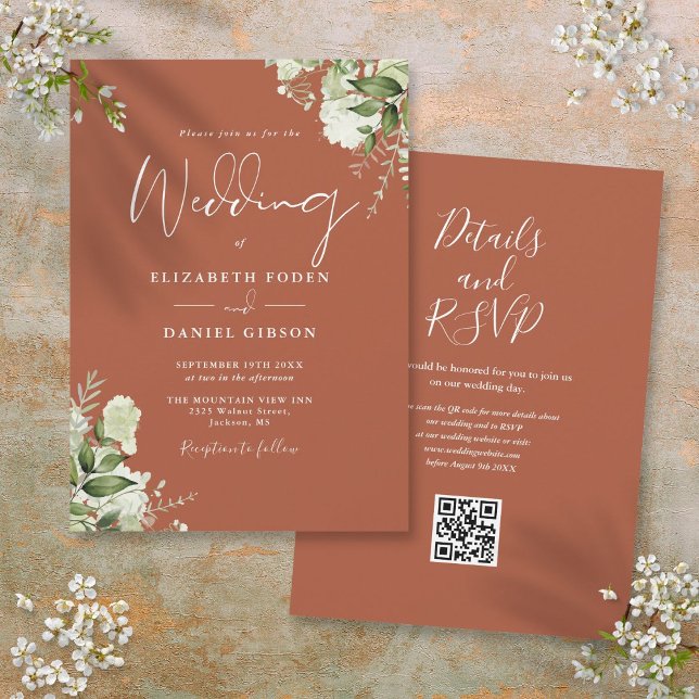 Terrakotta grönska blomster QR-kod bröllop Inbjudningar (Terracotta Greenery Floral QR Code Wedding Invitation)