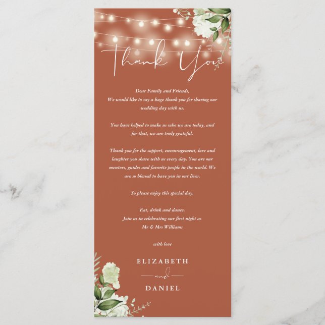 Terrakotta Grönska Bröllop Tack Placeringskort Meny (Framsida)