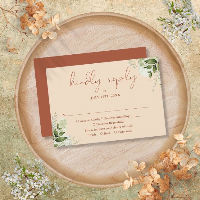 Terrakotta Grönska Elegant Skript Bröllop  OSA Kort (Terracotta Greenery Elegant Script Wedding RSVP Card)
