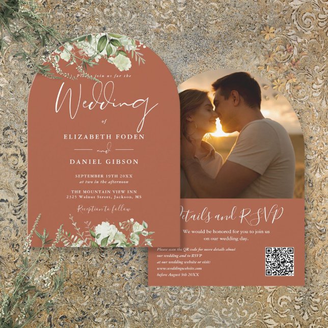 Terrakotta grönska QR-kod Foto Båge Bröllop Inbjudningar (Terracotta Greenery QR Code Photo Arch Wedding Invitation)