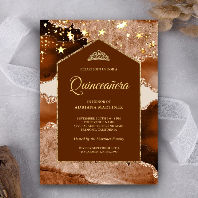 Terrakotta Guld Agat Marmor Båge Quinceanera Inbjudningar (Skapare uppladdad)