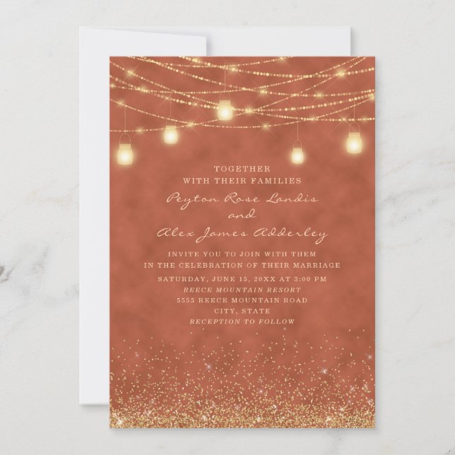 Terrakotta Guld Glitter Sträng Ljus Bröllop Inbjudningar (Framsida)