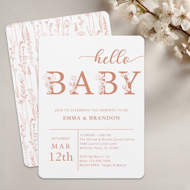 Terrakotta Hello Baby Wildflower Inbjudan (Terracotta Baby Shower Invite)