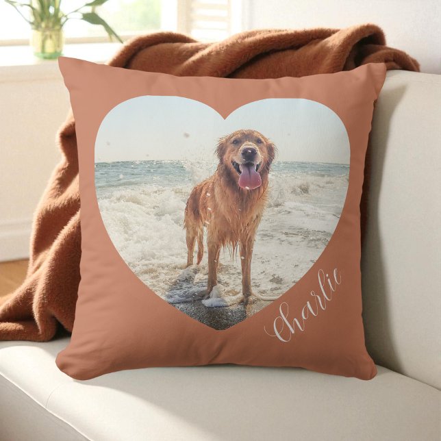 Terrakotta Hjärtformad Foto Skript Personlig Hund Kudde (Terracotta Pet Heart Photo Script Personalized Dog Throw Pillow)