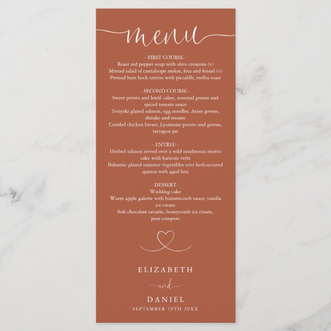 Terrakotta Hjärtmanus Bröllopsmiddag Meny (Framsida)