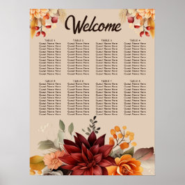 Terrakotta Höst Blommig Bröllops Sittplatskarta Poster