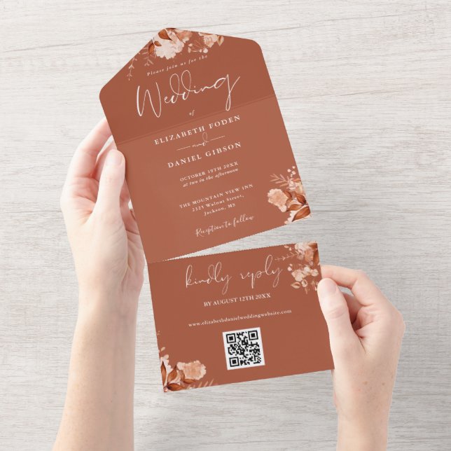 Terrakotta Höst Fall Floral QR-kod Bröllop (Avrivbar del)