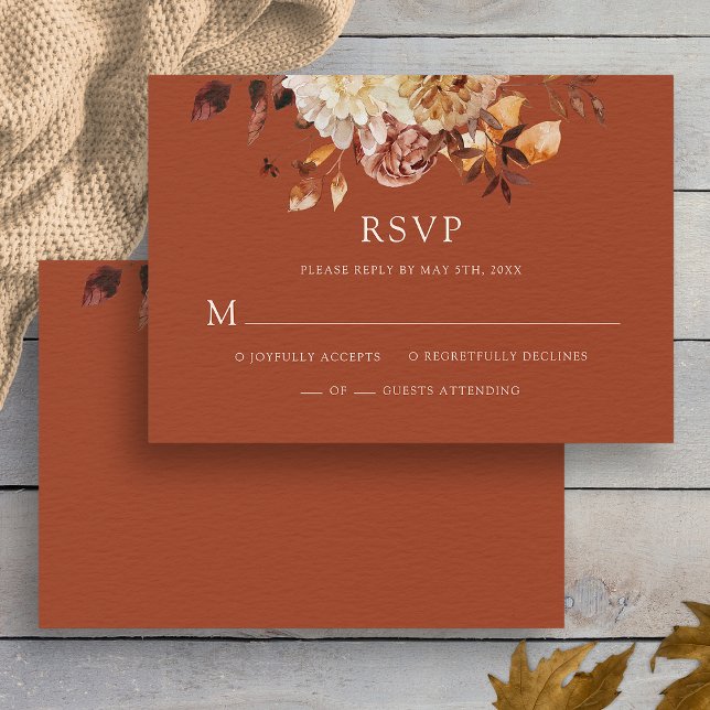Terrakotta Höst Koppar Blommig Bröllop RSVP OSA Kort (Elegant Terracotta Fall Copper Floral Wedding RSVP Card by Painted Paperie
)