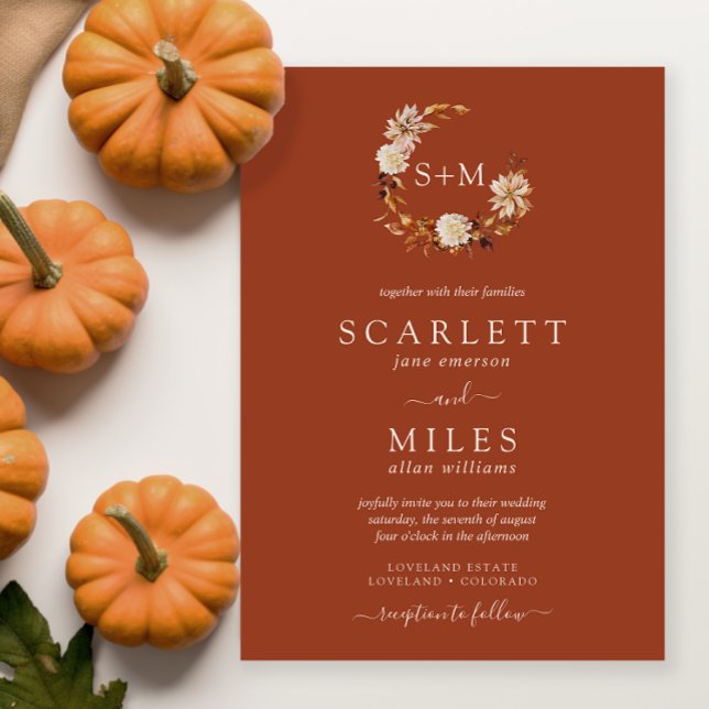 Terrakotta Höst Terrakotta Monogram Krans Bröllop Inbjudningar (Terracotta Fall Terracotta Monogram Wreath Wedding Invitation by Painted Paperie
)