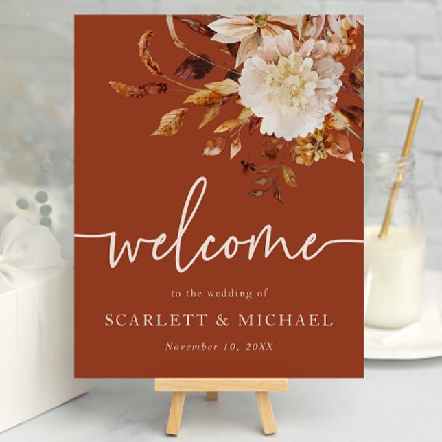 Terrakotta Höst Välkomstaffisch Poster (Terracotta Fall Floral Welcome Sign Poster by Painted Paperie
)