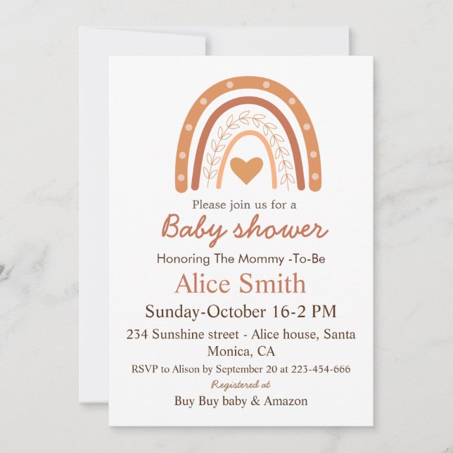 Terrakotta Könsneutral boho regnbåge baby shower Inbjudningar (Framsida)