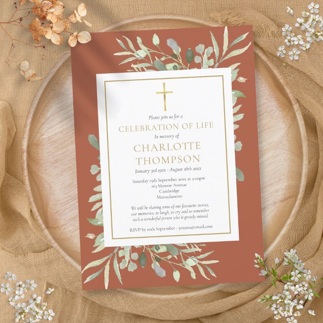 Terrakotta kristen firande av livets begravning inbjudningar (Terracotta Christian Celebration of Life Funeral Invitation)