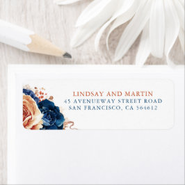 Terrakotta Marinblå Blommor Elegant Boho Etikett Returadress Etikett