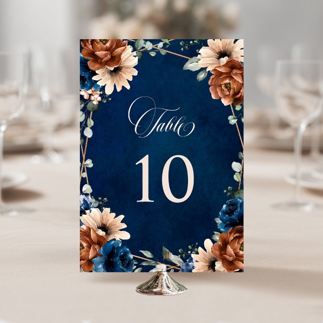 Terrakotta Marinblå Grönska Geometrisk Bröllop Bordsnummer (Terracotta Navy Blue Greenery Geometric Wedding Table Number)