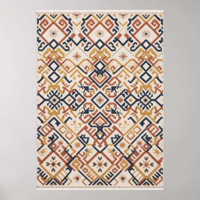 Terrakotta Marinblå Kilim Geometrisk Mönster Affis Poster (Framsidan)