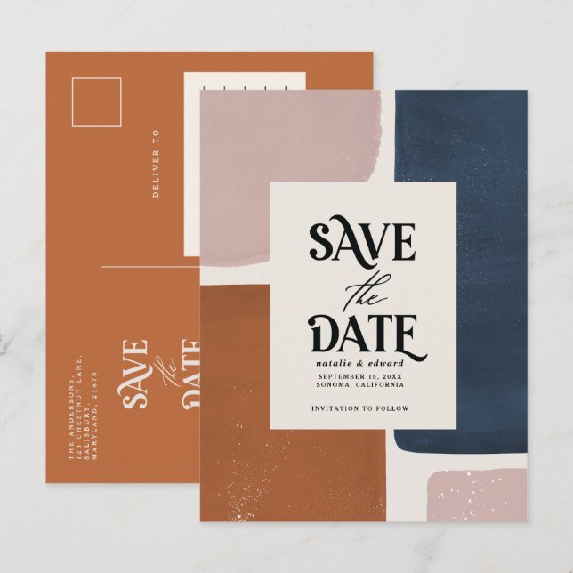 Terrakotta marinblå modern abstrakt typografi medd meddelande vykort (Fram/baksida)