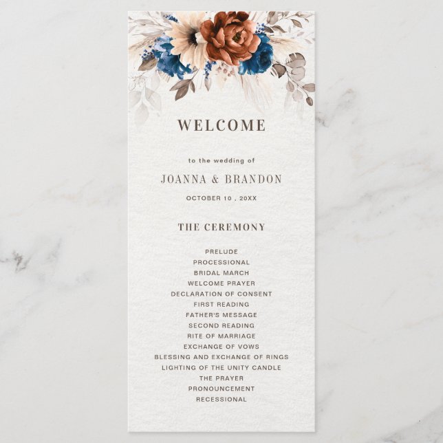 Terrakotta Marinblå Pampasgräs Rustik Bröllop Program (Framsida)