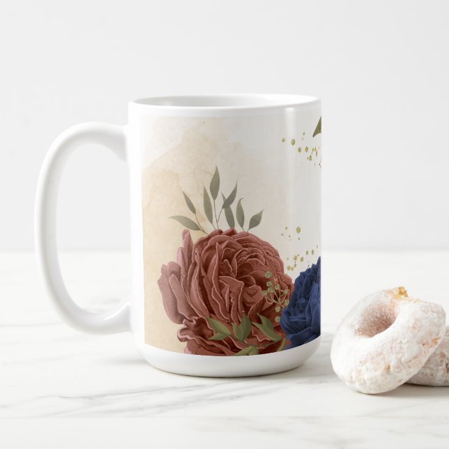 terrakotta marinblommig grönska kaffemugg (Med munk)