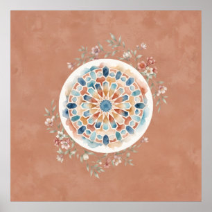 Terrakotta Marockansk Mozaik Blommig Mandala Affis Poster
