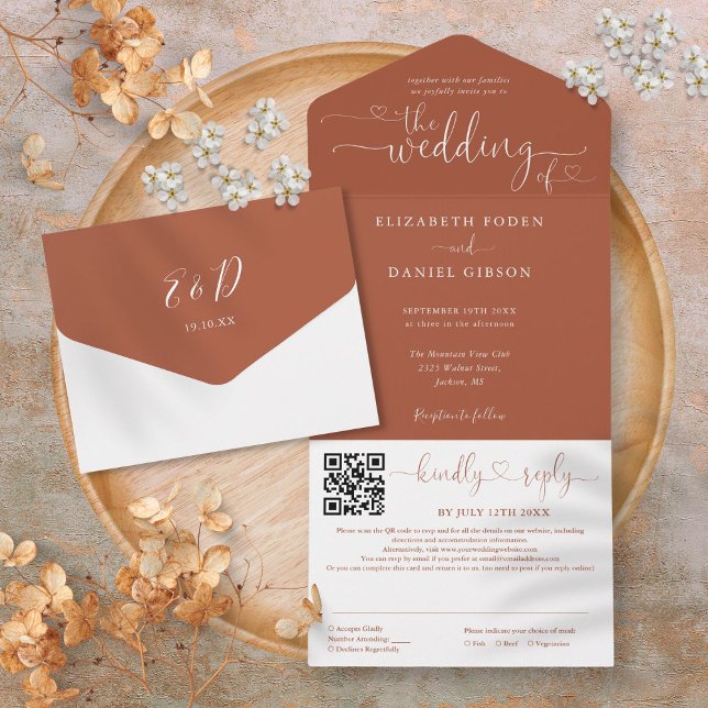 Terrakotta Minimalist Script QR-kod Bröllop (Terracotta Minimalist Script QR Code Wedding All In One Invitation)