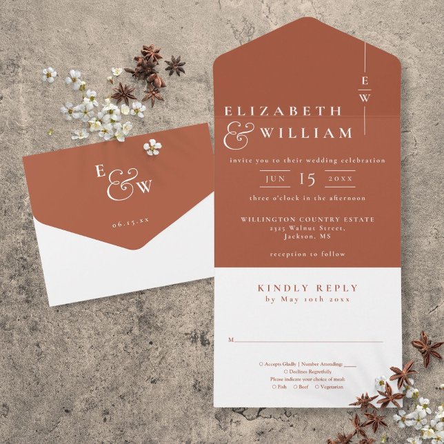 Terrakotta minimalistisk elegant monogram bröllop (Terracotta Minimalist Elegant Monogram Wedding All In One Invitation)