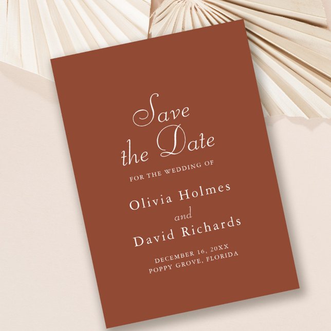 Terrakotta Minimalistiskt Bröllopskort för datuman Spara Datumet (Terracotta Minimalist Save the Date Card on soft blush background.)