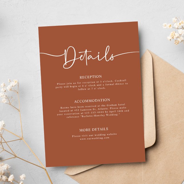 Terrakotta Modern Minimal Kalligrafi Bröllop Tilläggskort (Terracotta Modern Minimal Calligraphy Wedding Enclosure Card)
