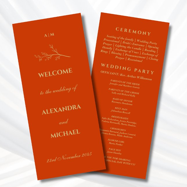 Terrakotta Monogram Botanisk Minimalistisk Bröllop Program (Skapare uppladdad)