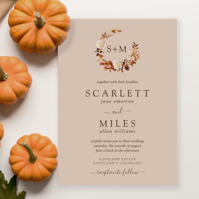 Terrakotta Monogram Krans Bröllop Inbjudningar (Taupe Fall Terracotta Monogram Wreath Wedding Invitation by Painted Paperie
)