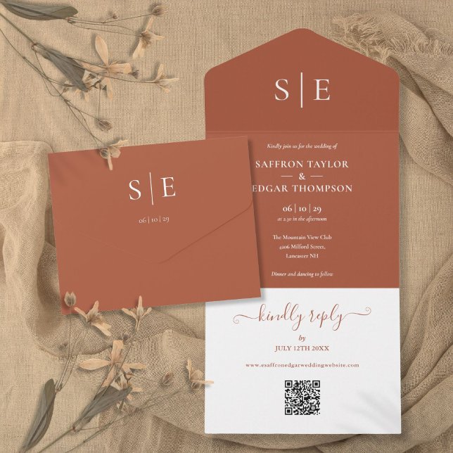 Terrakotta Monogram Minimalistisk QR-kod Bröllop (Terracotta Monogram Minimalist QR Code Wedding All In One Invitation)