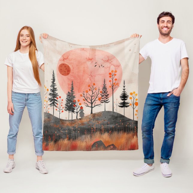 Terrakotta Moon Koppar Höst Folklig Skog Konst Fleecefilt (På plats)