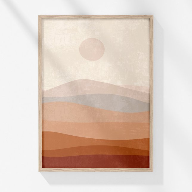 Terrakotta Neutral Abstrakt Landskapsväggkonst Poster (Boho Terracotta Neutral Abstract Landscape Art Poster in a wooden frame on a sunny white wall.)