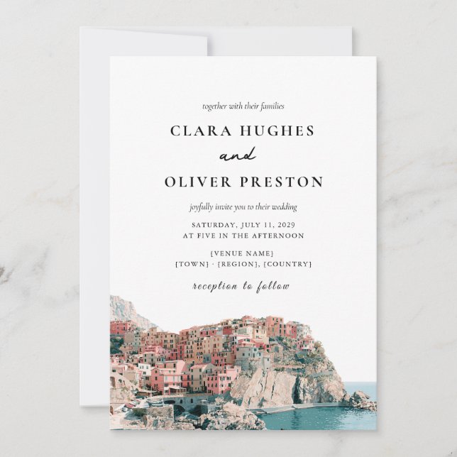 Terrakotta Oceanblå Serif Cinque Terre Bröllop  Inbjudningar (Framsida)