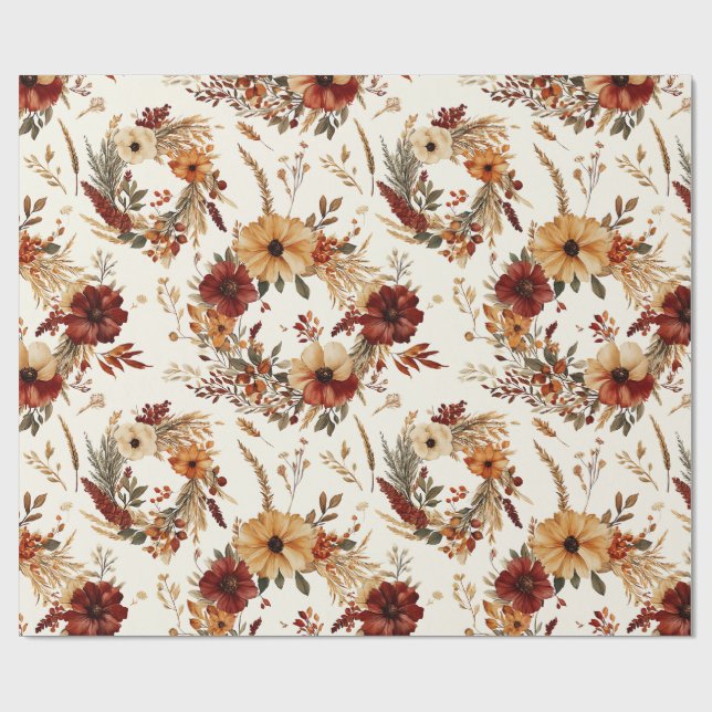 Terrakotta och vita blommor Botanisk Boho Exotisk Presentpapper (Platt)