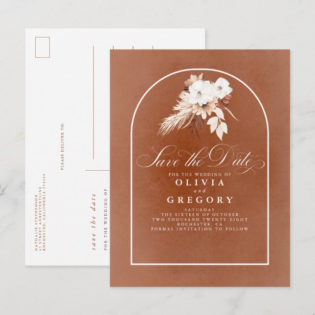 Terrakotta och vita blommor Save The Date Meddelande Vykort (Fram/baksida)
