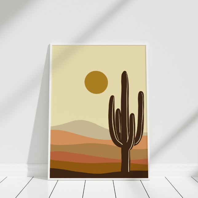 Terrakotta Ökenkaktus Landskapsvägg Art Poster (Boho Burnt Orange Desert Landscape Poster against white wall in white frame.)