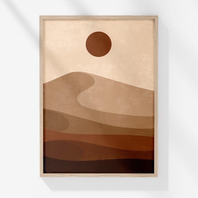 Terrakotta ökenlandskap neutral boho väggkonst  (Boho Neutral Abstract Landscape Desert Wall Art in a wooden frame on a sunny white wall.)