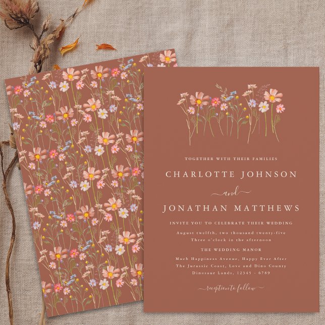 Terrakotta Orange Beige Höst Vildblomma Bröllop Inbjudningar (Boho fall Wildflower floral beige terracotta Wedding invitation Watercolor garden meadow flowers )