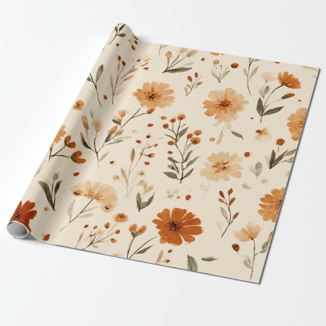 Terrakotta Orange Persika Vildblomma Feminint Boho Presentpapper (Utrullad)