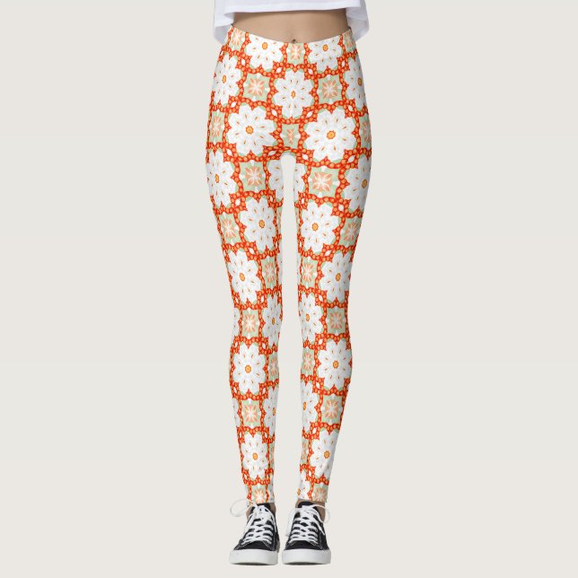 Terrakotta Orange & Salvia Grön Geometrisk Blommig Leggings (Framsida)