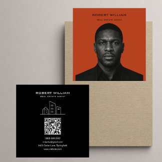 Terrakotta Orange Svart Fastighetsmäklare QR Foto Fyrkantigt Visitkort