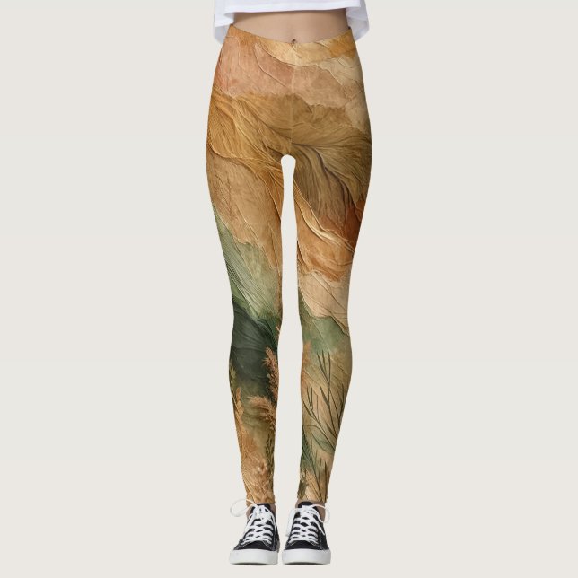 Terrakotta Persika Pressade Blommor Bohemisk  Leggings (Framsida)