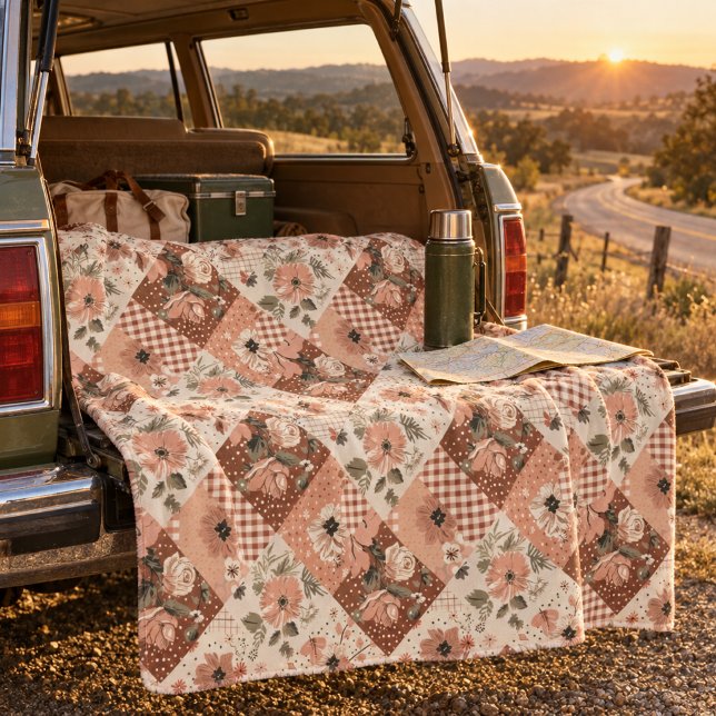 Terrakotta Persika Quilt Patchwork Gingham Blommig Fleecefilt (Skapare uppladdad)