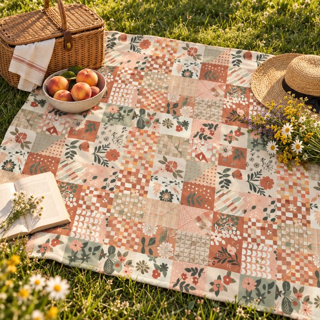 Terrakotta Persika Quilt Patchwork Gingham Blommig Fleecefilt (Skapare uppladdad)