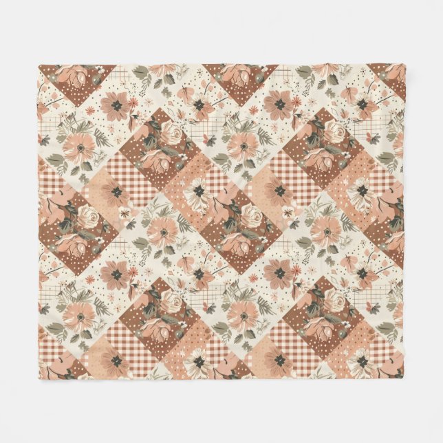 Terrakotta Persika Quilt Patchwork Gingham Blommig Fleecefilt (Framsidan (Horisontell))