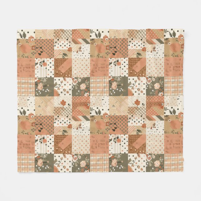Terrakotta Persika Quilt Patchwork Gingham Blommig Fleecefilt (Framsidan (Horisontell))